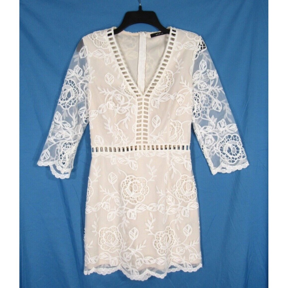 ARK & CO. White FULL LACE Nude Lining CUTOUTS 3/4 Sleeve BACK-ZIP Sheath Dress M